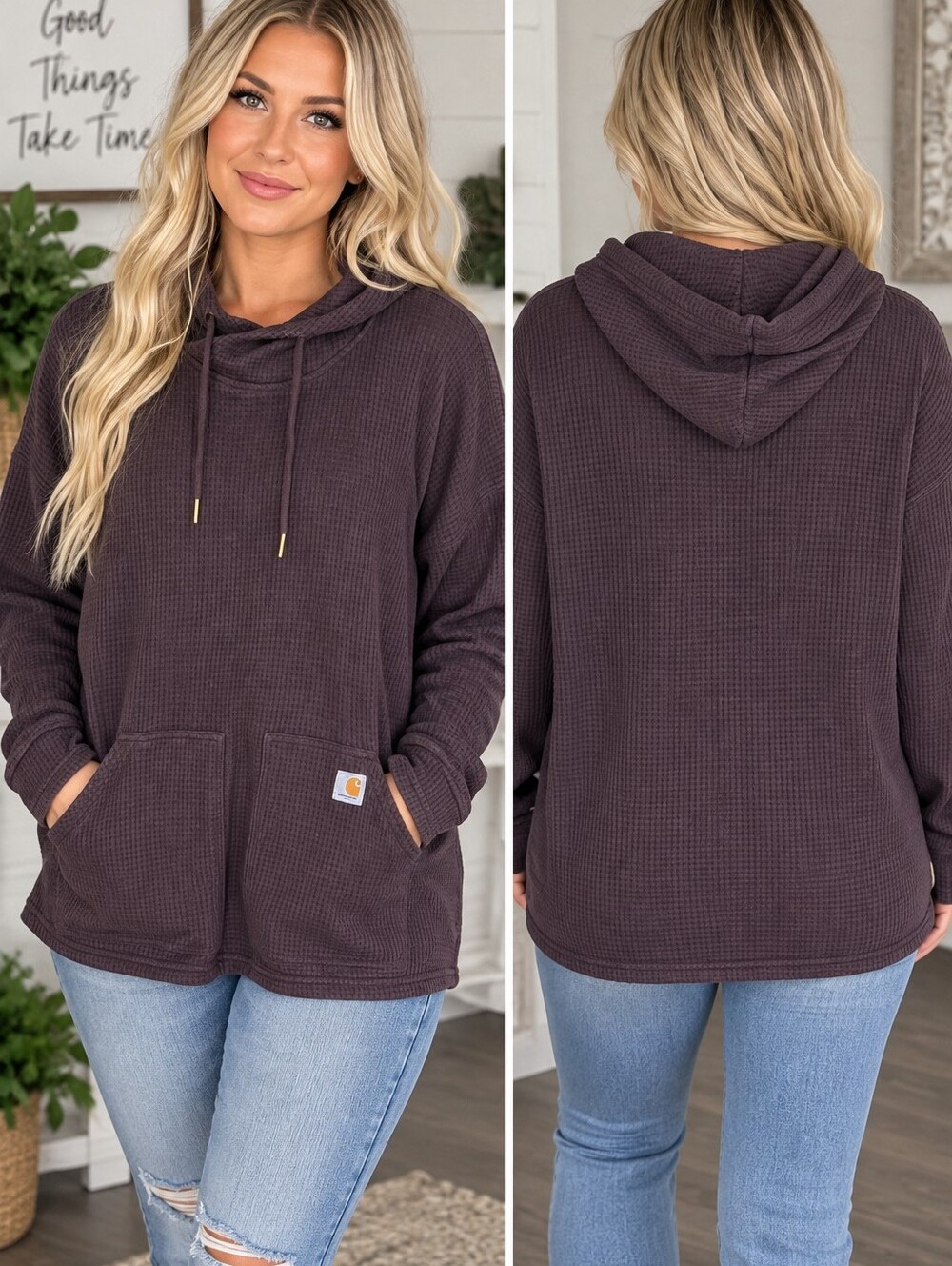 Carhartt Womens XL Plum Thermal Hoodie Waffle Knit Relaxed Fit Heavyweight